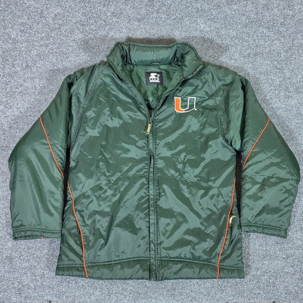 Starter Miami Hurricanes Jacket Mens Green Orange Puffer Full Zip Large Flaw